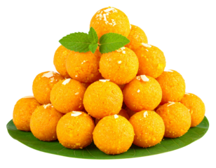 Stack of motichoor laddus with leaf base, isolated PNG – Indian sweet treat