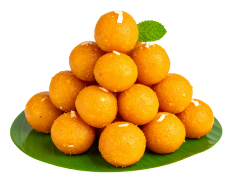 Pyramid stack of motichoor laddus with leaf base, isolated PNG – Indian sweet