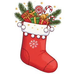 Illustration Red Christmas Stocking with Presents Candy and Fir Branches