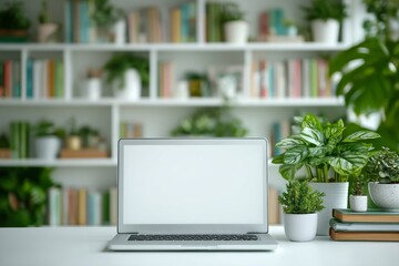 A laptop computer sits on a table in a brightly lit room that serves as a home office workspace