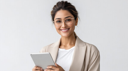 young indian business woman holding tablet standing on white background