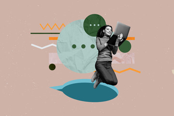 Creative full artwork collage of happy girl stand bubble communication icon chatterbox conversation...