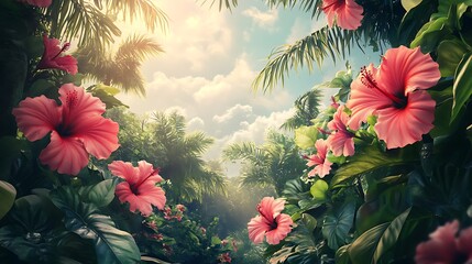 Lush Tropical Paradise: Hibiscus Blooms Under Sunlit Sky