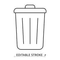 A trash bin icon in minimalist style with editable stroke. Garbage container, waste disposal, rubbish symbol, sanitation equipment, recycling object, household cleanup, outline element.