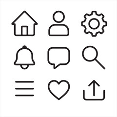 Mobile App UI Icon Set – 9 Black and White Vector Symbols for User Interface Design

