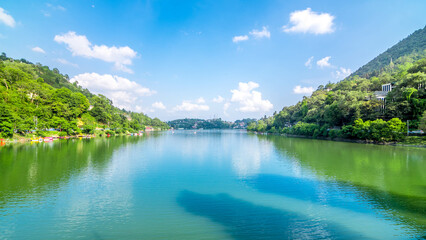 Bhimtal Lake, a picturesque lake located in the Nainital district of Uttarakhand, India