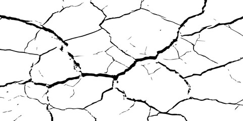 A high-contrast black and white texture depicting dry, cracked earth. The fragmented surface forms an organic mosaic of irregular shapes, with sharp, dark lines outlining each segment.