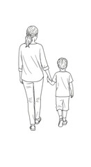 Illustration Silhouette of Mother with Son Walking Hand in Hand Black Background