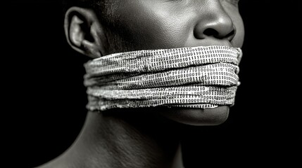 Mouth wrapped in binary tape as digital censorship metaphor for surveillance, speech control or data privacy editorial concept