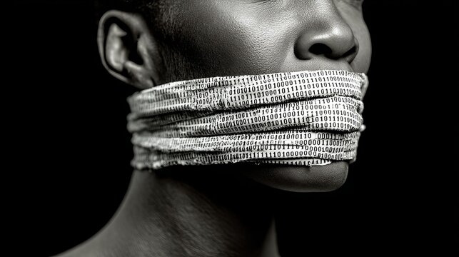 Mouth wrapped in binary tape as digital censorship metaphor for surveillance, speech control or data privacy editorial concept - Powered by Adobe