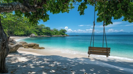 Idyllic tropical beach with a wooden swing hanging from a tree overlooking crystal clear turquoise water and lush green coastline under a bright blue sky with scattered clouds