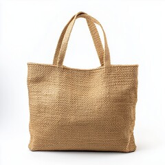 Light Brown Woven Jute Tote Bag with Sturdy Handles Displayed Against a Clean White Background for Fashionable and Eco-Friendly Shopping Use