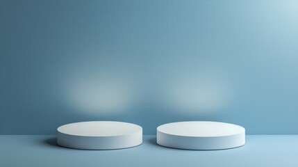 Two cylindrical white podiums on light blue floor and wall, subtly illuminated from below, creating a serene and modern display environment for products