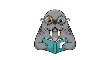 Cartoon Walrus Reading Book with Glasses Cute Animal Character Illustration.