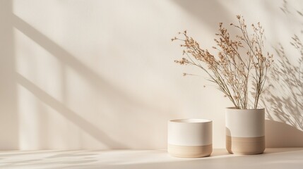 Elegant composition of two off-white cylindrical vases with dried beige flowers on a light surface, illuminated by soft sunlight against a wall