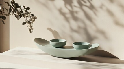 Pale teal boat-shaped serving dish with two smaller teal bowls on a light beige surface with eucalyptus sprig and dd sunlight background