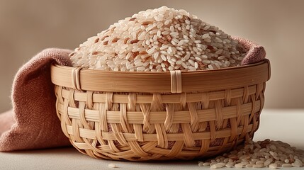 A light brown woven basket filled with white and brown rice partially covered by a dusty rose cloth on a soft light-colored surface background