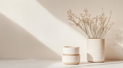 Minimalist still life composition featu two stacked ceramic bowls alongside a tall vase filled with dried light brown flowers on a pale background