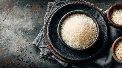 Dark wooden bowl filled with uncooked white rice placed on rustic plate with scattered peppercorns on dark countertop creating culinary atmosphere