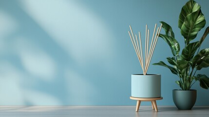 Light blue cylindrical reed diffuser on wooden stand with potted plant against a pale blue wall illuminated by soft sunlight in cozy interior setting