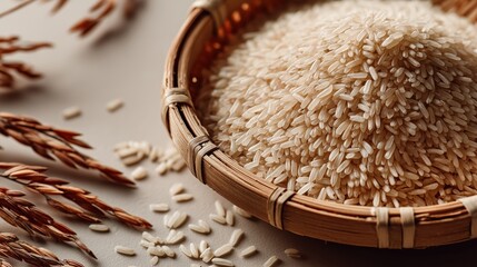 Close-up of light brown rice grains piled in a woven bamboo basket with scattered grains on a beige surface and dried rice stalks for decoration