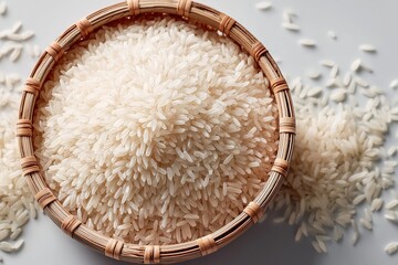 Woven basket filled with uncooked white rice on light gray surface with scattered grains, showcasing natural textures and rustic kitchen setting aesthetic