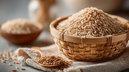 Close-up shot of unpolished light brown rice in woven bamboo basket with wooden spoon on beige surface showcasing natural textures and colors