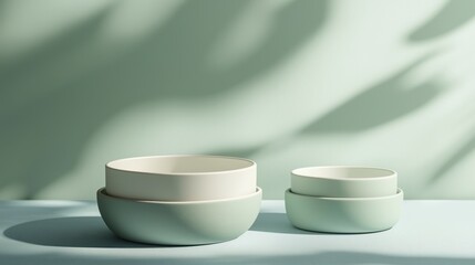 Stacked pale green and white bowls on light blue surface against sage green wall illuminated by beautiful leaf shadows creating a calming ambiance
