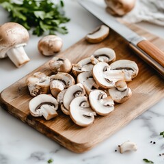 Sliced cremini mushrooms on wooden cutting board with whole mushrooms, fresh parsley, knife on beautiful marble surface ready for cooking