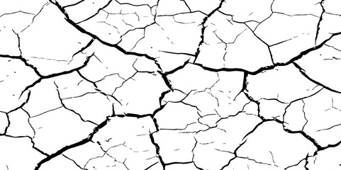 A high-contrast black and white texture depicting dry, cracked earth. The fragmented surface forms an organic mosaic of irregular shapes, with sharp, dark lines outlining each segment.