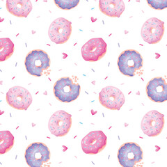 Seamless pattern with pink donuts. Hand drawn vector illustration. Trendy texture for print, textile, packaging.