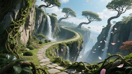Gravity-Warped Cliff Garden A spiraling cliff where gravity curves upwards.
