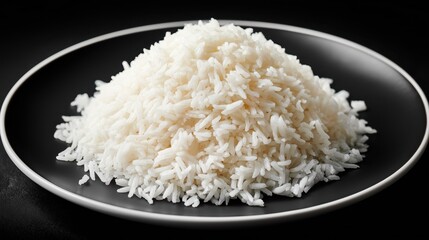 A Generous Serving of Fluffy White Rice Piled High on a Dark Gray Plate Against a Black Background Relishing Its Simplicity and Wholesomeness
