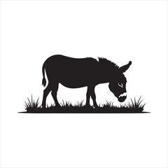 Donkey Silhouette Grazing on Grass Vector Illustration,Black Donkey Silhouette Standing in Field Clipart,Grazing Donkey Animal Silhouette in Grass Design,Farm Donkey Silhouette with Grass Vector Art