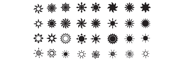Sun icon set. Yellow sun star icons collection. Summer, sunlight, nature, sky. Vector illustration isolated on white background.