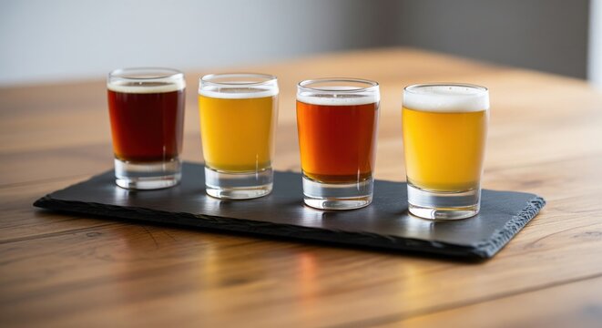 Flight of craft beer samples in small glasses on slate board