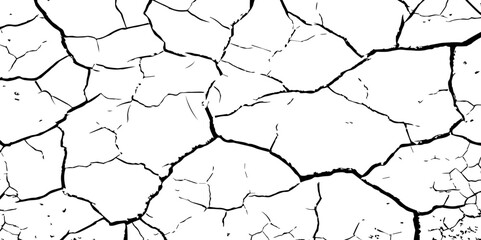 A high-contrast black and white texture depicting dry, cracked earth. The fragmented surface forms an organic mosaic of irregular shapes, with sharp, dark lines outlining each segment.