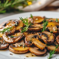 Close-up view of savory saut?ed mushrooms glistening in rich sauce and garnished with fresh rosemary sprigs on an elegant white plate
