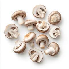 Whole and Halved Cremini Mushrooms on White Background showcasing Fresh Produce for Culinary and Food Presentation Ideas in Cooking Recipes Photography