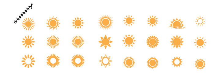 Doodle different sun icons set. Scribble yellow sun with rays symbols.