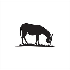 Donkey Silhouette Grazing on Grass Vector Illustration,Black Donkey Silhouette Standing in Field Clipart,Grazing Donkey Animal Silhouette in Grass Design,Farm Donkey Silhouette with Grass Vector Art