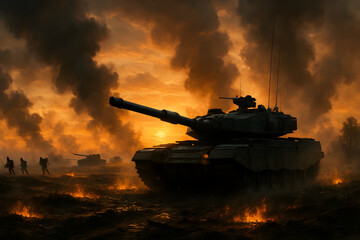 A powerful military tank stands silhouetted against a fiery, smoke-filled battlefield at sunset.