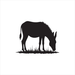 Donkey Silhouette Grazing on Grass Vector Illustration,Black Donkey Silhouette Standing in Field Clipart,Grazing Donkey Animal Silhouette in Grass Design,Farm Donkey Silhouette with Grass Vector Art