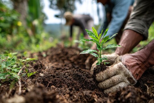 A multinational group planting trees during a sustainable reforestation initiative in a lush green landscape, working together to restore the environment and promote community-driven climate action. M
