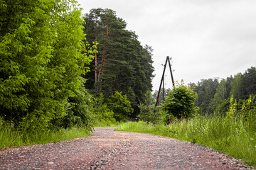 A narrow gravel path curves through a lush green forest with wooden power poles under a cloudy,...