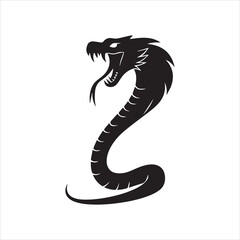 Cobra Snake Silhouette Vector Design,Aggressive Snake Illustration in Black,Coiled Snake with Open Mouth Vector,Dangerous Cobra Snake Art for Tattoo,Wild Snake Logo Design in Flat Style