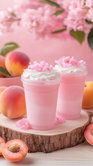 Cherry blossom peach smoothies with cream topping and fresh fruit in spring setting