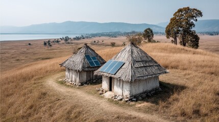 Thatched hut in Africa with solar panel in dry landscape for renewable energy, rural development or off-grid living illustration