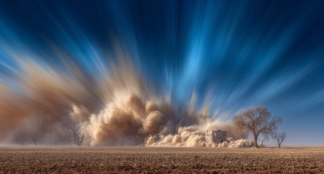 A dramatic sky looms over a desolate and arid landscape ravaged by drought and climate change where the earth is parched and trees are dead symbolizing a harsh environment where survival is a daily