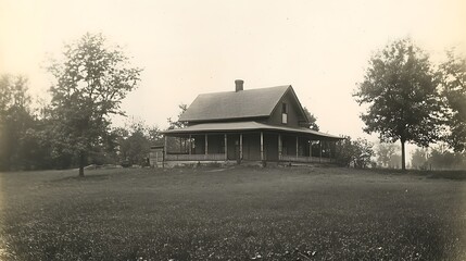 Vintage Photograph of a Rustic House on a Expansive Lawn